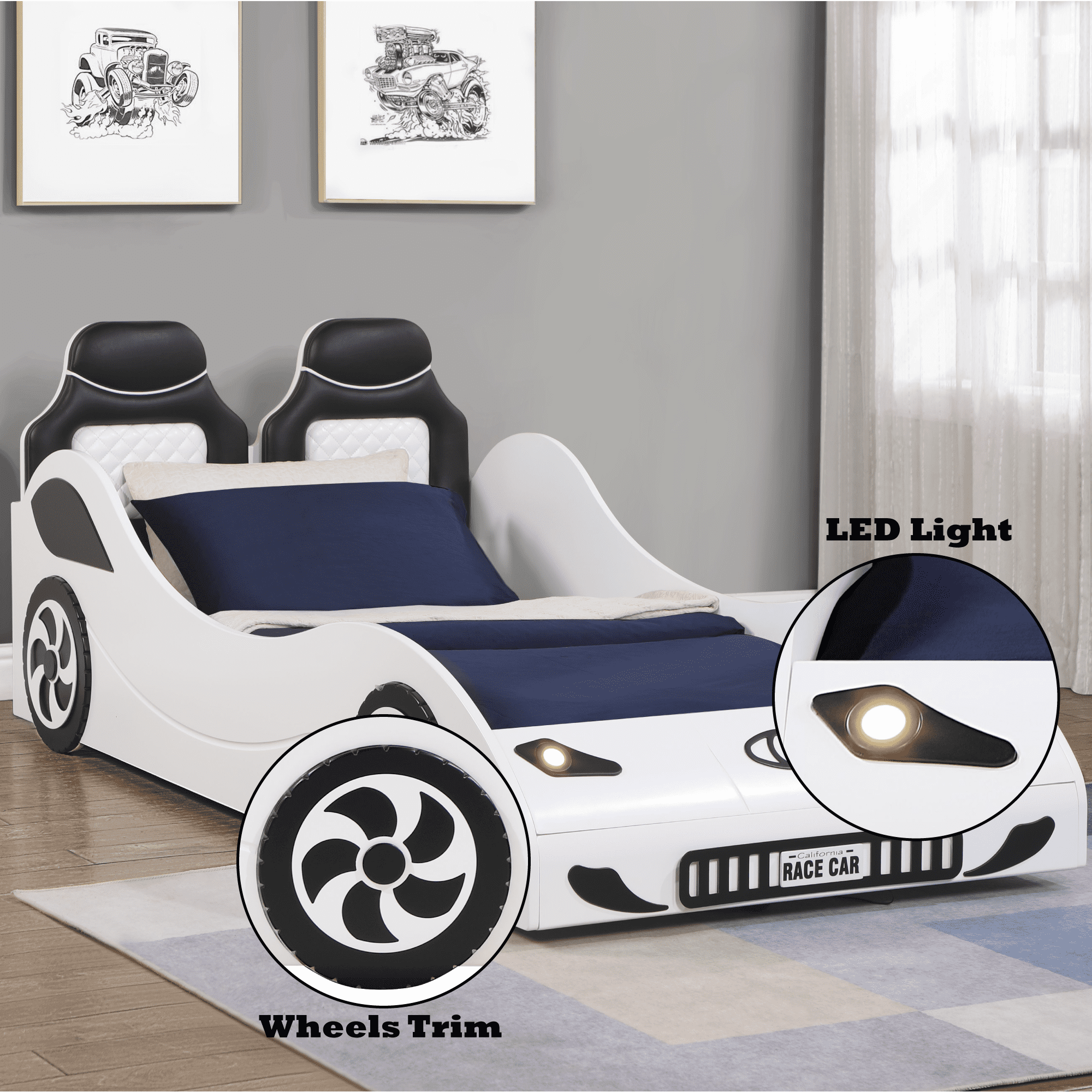Bed Frame White Finish Twin Car Bed with LED