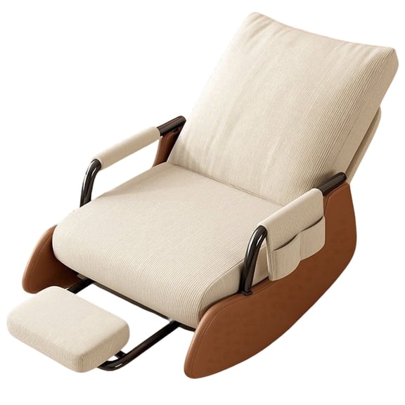 Zehiseta Indoor Reclining Rocking Lounge Chair Soft Corduroy Upholstery Adjustable Foot Pedal Storage Arm Bag Beige Brown 1 Piece