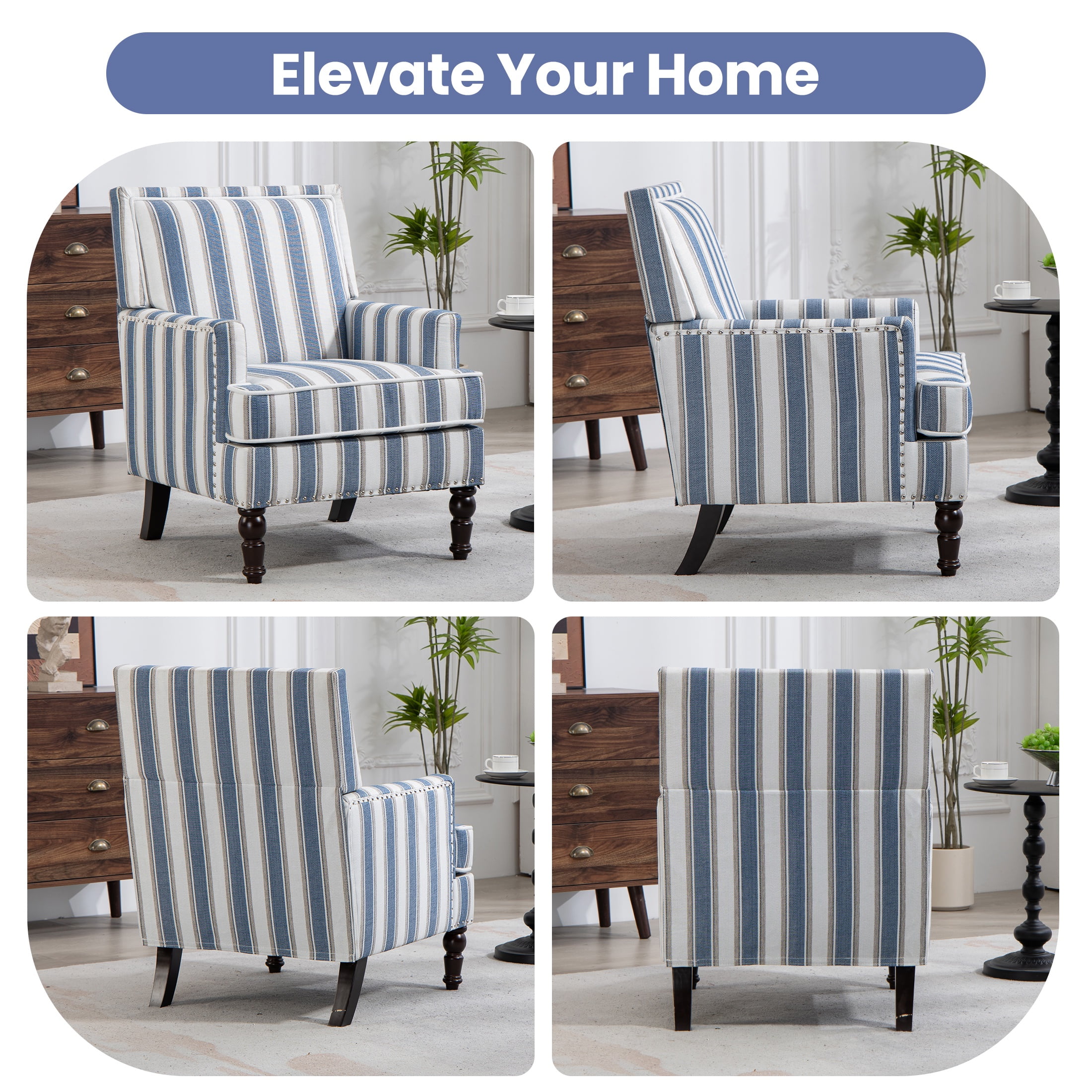 LEGAHOME Vintage Accent Chair, Upholstered Armchair with Nailhead Trim, Linen Fabric Arm Chair Comfort Reading Chair Lounge Chair for Living Room Bedroom Sunroom, Blue(1PC)
