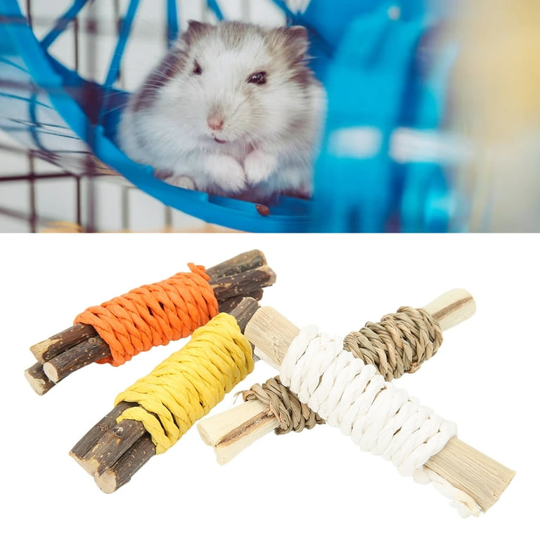 Hamster Teething Bars 4 Pack Edible Apple Sticks Sweet Bamboo Chew Toy with Rope Natural Hamster Chew Toy for Teething and Grooming Healthy