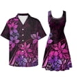 thumbnail image 2 of Jiueut Purple Polynesia Hibiscus Flower Palm Leaves Pattern Hawaiian Couple Matching Outfit Men's Short Sleeve Hawaiian Shirt for Summer, Women's Scoop Neck Soft Beach Party Dress, Size M, 2 of 5