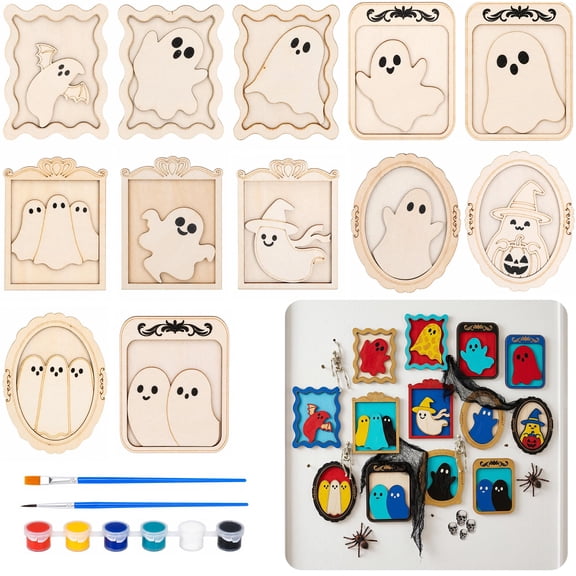 EBaokuup 12 Pack Halloween DIY Wooden Ghost Frame Craft Kit, Paint Set with Brushes for Kids