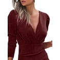 thumbnail image 3 of DYMADE Women Solid V-Neck Long Sleeve Short Length Sexy Bodycon Dress, 3 of 4