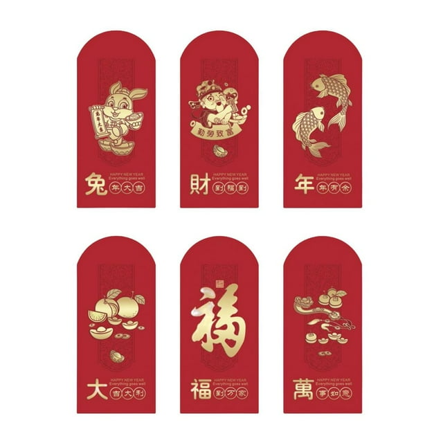 6Pcs Enveloppes Rouges avec des Mots de Bénédiction Lapin Chinois 2023 Nouvel An Lunaire Argent Rouge Décor de Paquets pour Cadeau