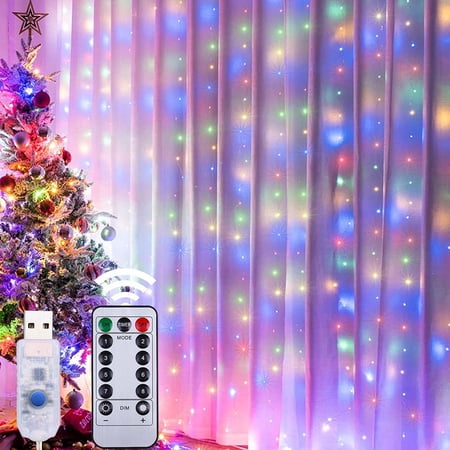 Morttic Window Curtain String Light 300 LEDs 9.8FT x 9.8FT 8 Lighting Modes Fairy Lights Remote Control USB Powered Waterproof Lights for Christmas Bedroom Party Garden Wall Decorations (Multicolor)