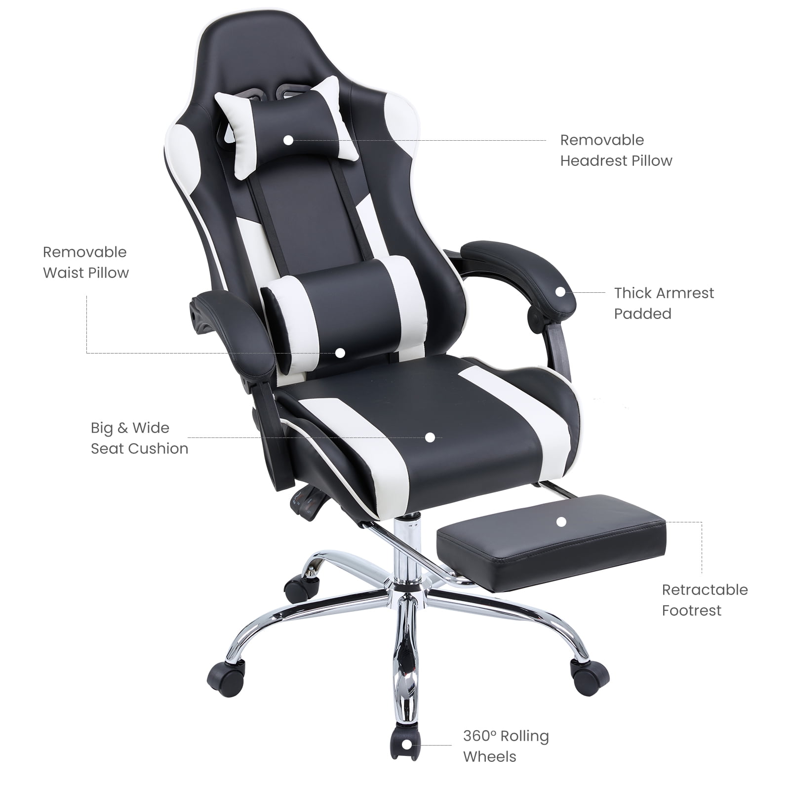 CONCETTA Gaming Chair, Ergonomic PU Leather, with Footrest, Lumbar Support, Headrest, for Adults, White