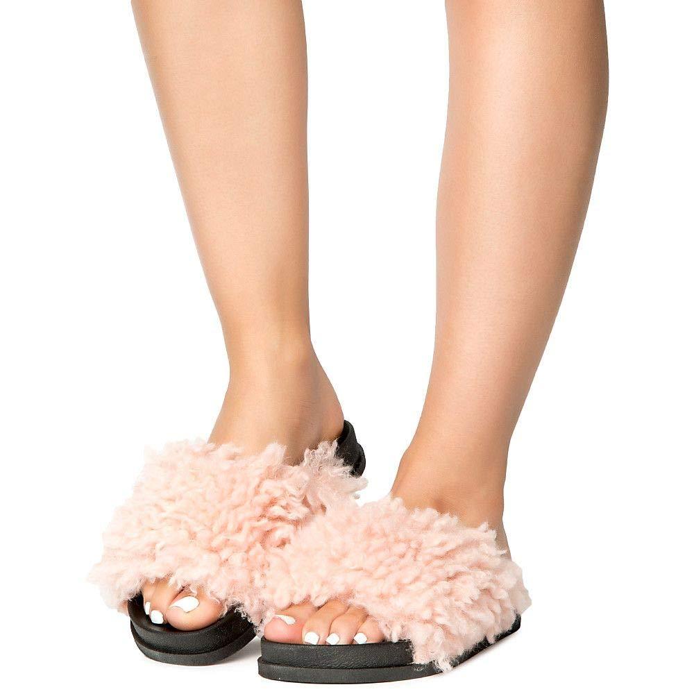 Fuzzy Vegan Shearling Open Toe Footbed Slip On Sandal Pink 10