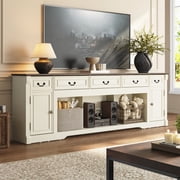 ANPOO 95" Farmhouse TV Stand for TV up to 100", Large Entertainment Center for Living Room W/ 5 Drawers & 2 Storage Cabinet, Dresser TV Stand, Rustic TV Cabinet, White