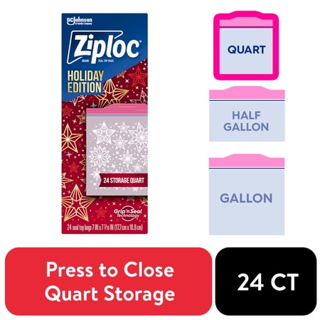 Ziploc® Brand Holiday Storage Quart Bags, 24 Count, Reusable, Easy Open Tabs, Secure Double Zipper, Non-Slip Texture, Limited Edition, Festive Holiday Designs