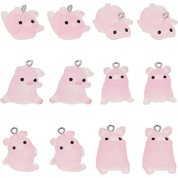 1 Box 48Pcs 6 Styles Mini Pig Charms Luminous Charms Cute Animals Pink Resin Glow in the Dark Charm