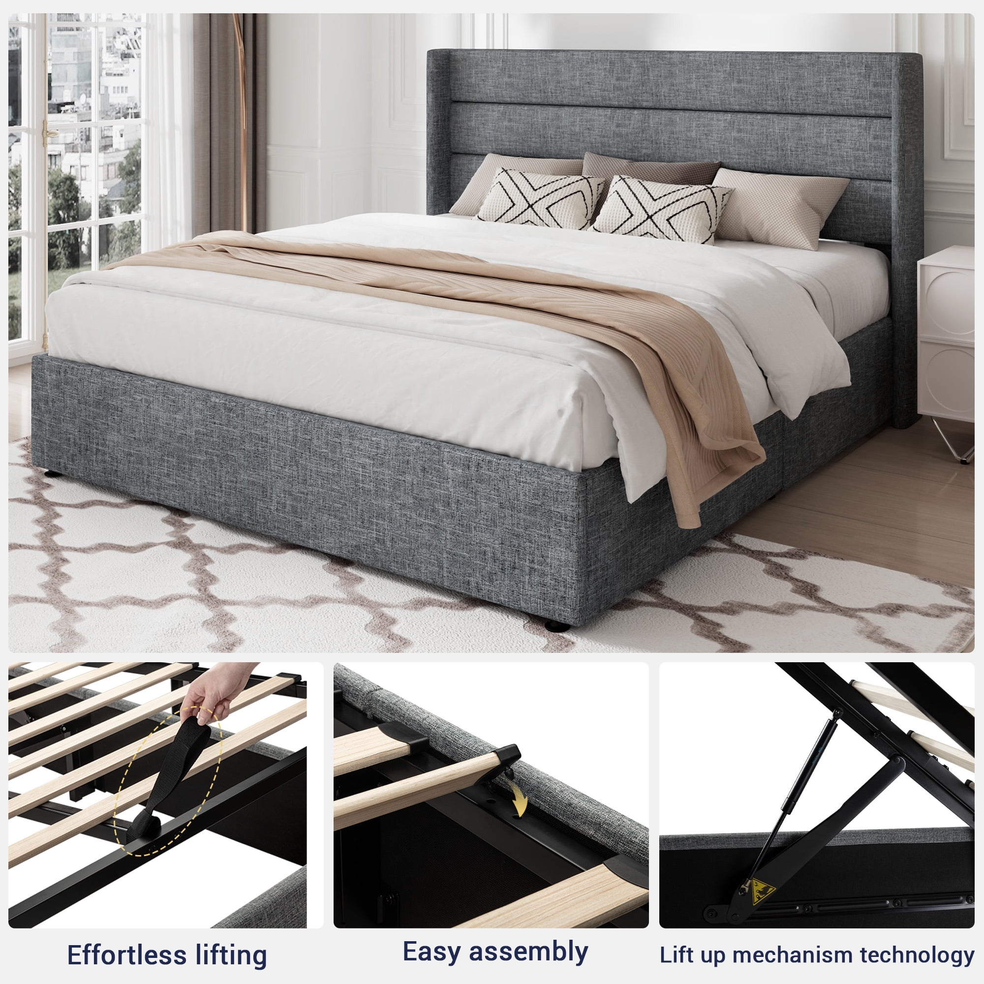 Allewie Full Size Lift Up Platform Storage Bed Frame with Channel Wingback Headboard, Grey Blue