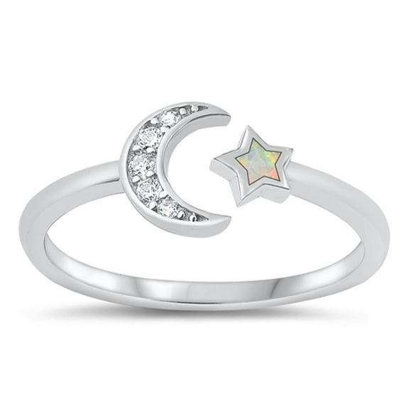 CHOOSE YOUR COLOR Moon & Star White Simulated Opal Ring .925 Sterling Silver Band CZ Female Size 5