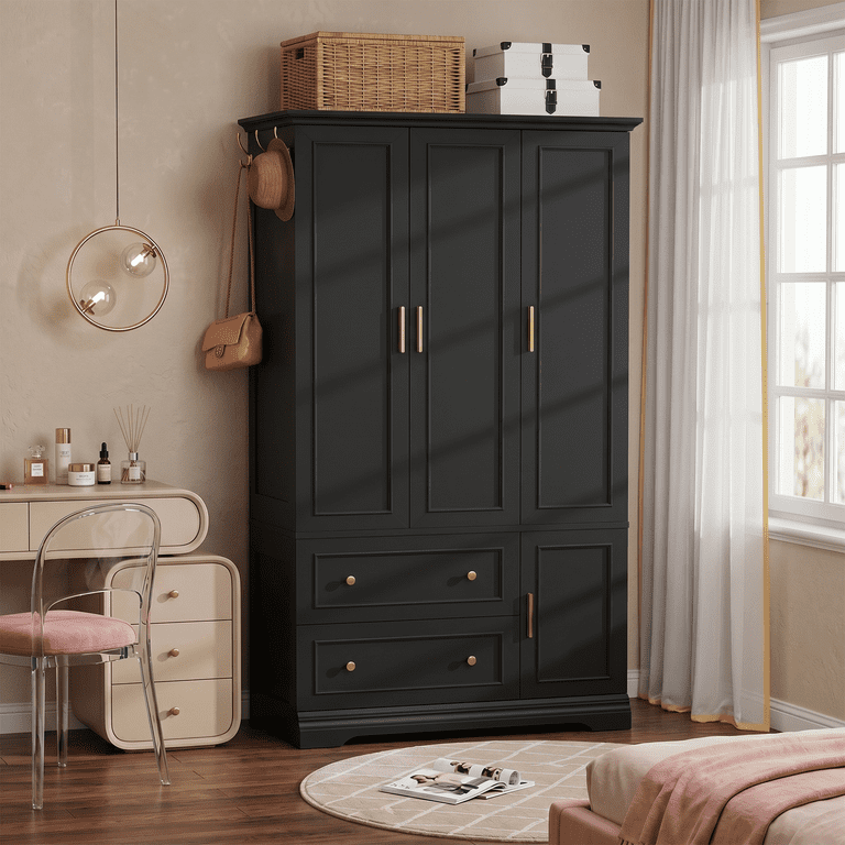 Lacoo Armoire Wardrobe with 3 Doors, 2 Drawers & Hanging Rod, Freestanding Closet Cabinet with Side Hooks for Bedroom, Black