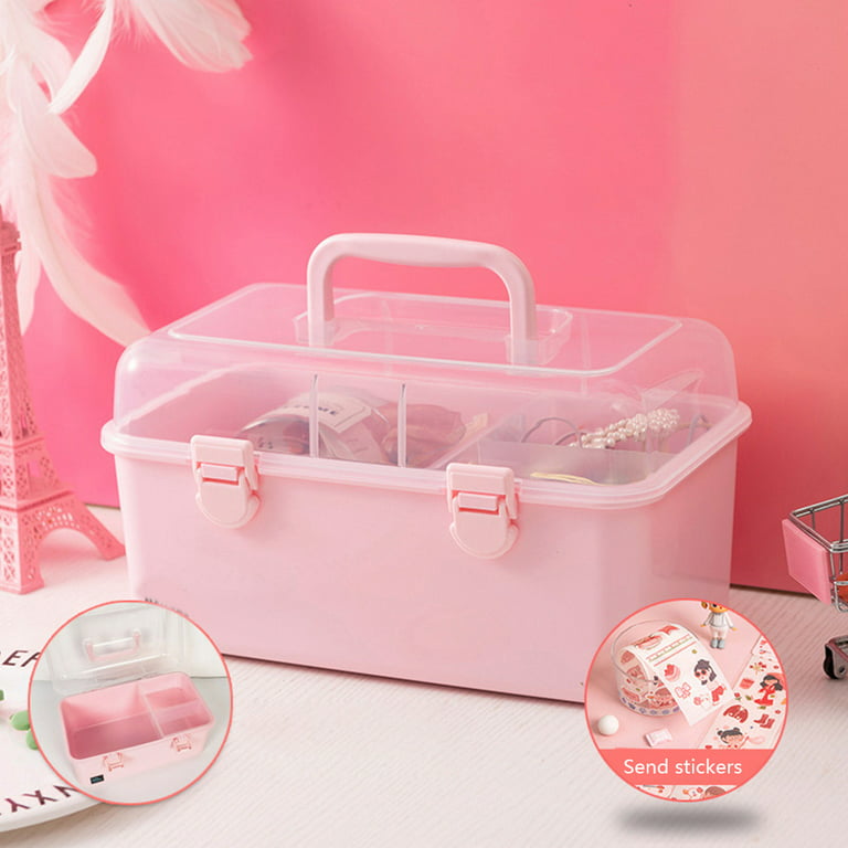 Kinsorcai Clear Plastic Storage Box with Handle, 3 Layer Pink Tackle Box  for Women, Organizer Box for Sewing Art and Cosmetic