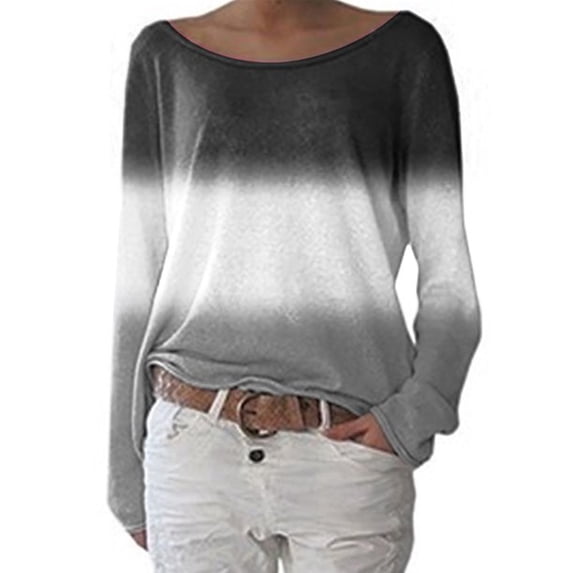 Uhndy Women's Tie Dye Gradient Floral Wide Neck Long Sleeve Blouse Loose Casual Tops