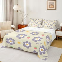 Homewish Cartoon Daisy Blossom Queen Sheet Sets,Cute Flower Strawberry Flat Sheet,Purple Beige Queen Fitted Sheet For Girls Kids,Microfiber Bedroom Decor,4 Pieces