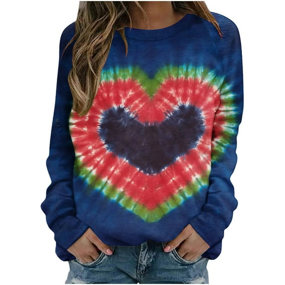 ShomPort Womens Tie Dye Sweatshirts Long Sleeve Round Neck Color Block Print Casual Pullover Tops