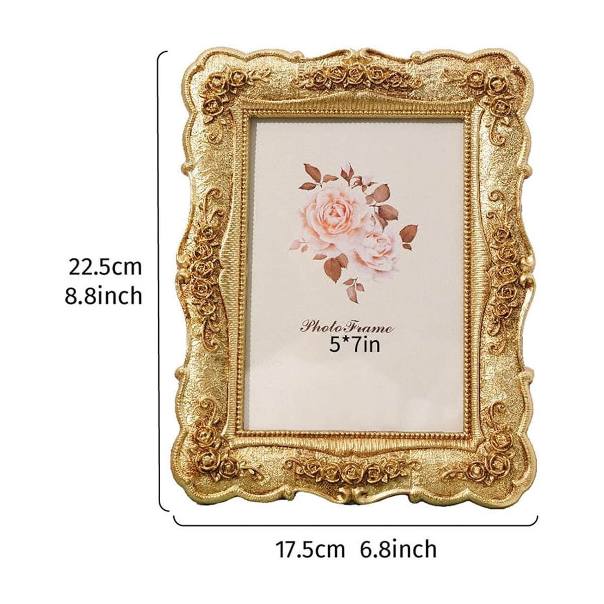 5x7 Vintage Picture Frame, Vintage gold  Flower Textured Hand-Crafted Resin with Glass Front Elegant Retro Vintage Design Photo Frame for Tabletop Display Home Decor(gold)