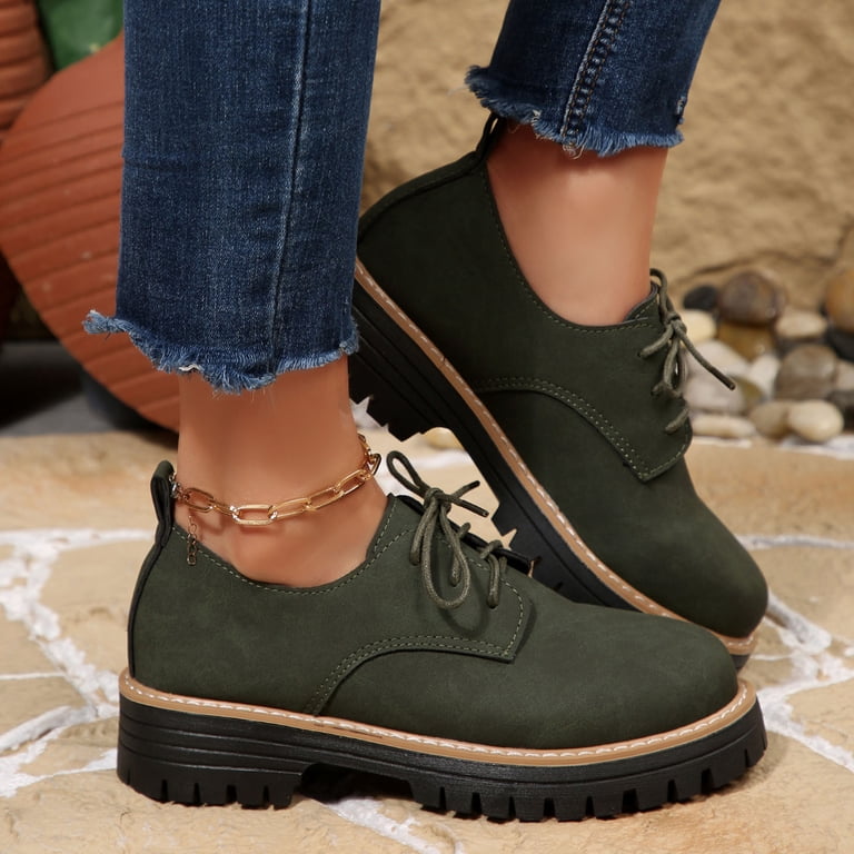 army green dress shoes Z-796 Women Loafers Round Toe Lace Up Block Heel Follow Up Chunky Heel Casual Comfortable Shoes standardizedsize:One Size