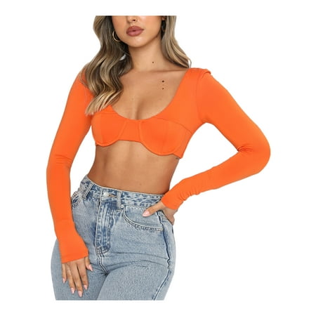 

KOMOO Women Corset Crop Tops Low Cut VNeck Long Sleeve T-Shirt Slim Fit Blouse Streetwear Party Clubwear