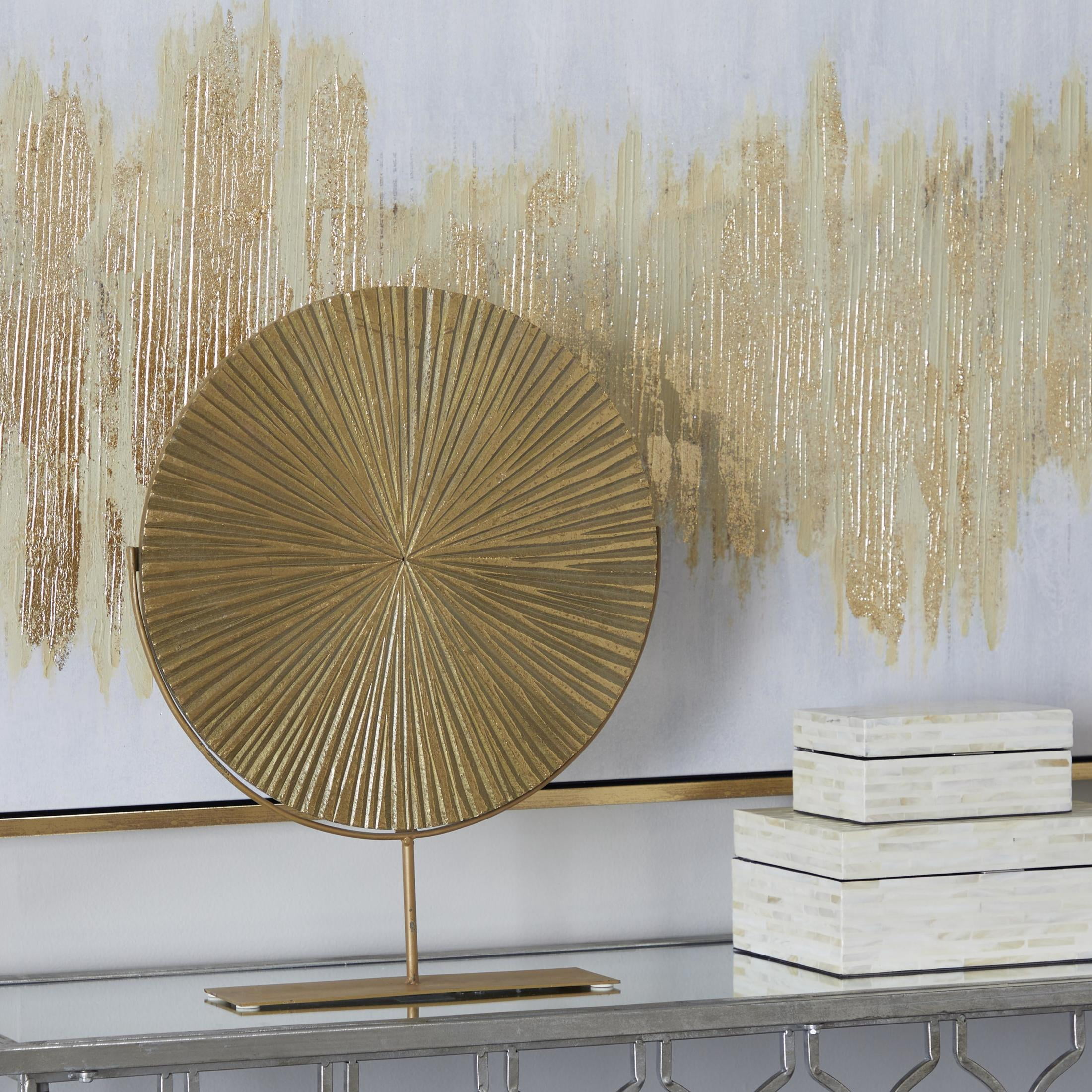 18" x 23" Gold Metal Textured Round Disk Starburst Sculpture with Stand, by CosmoLiving by Cosmopolitan