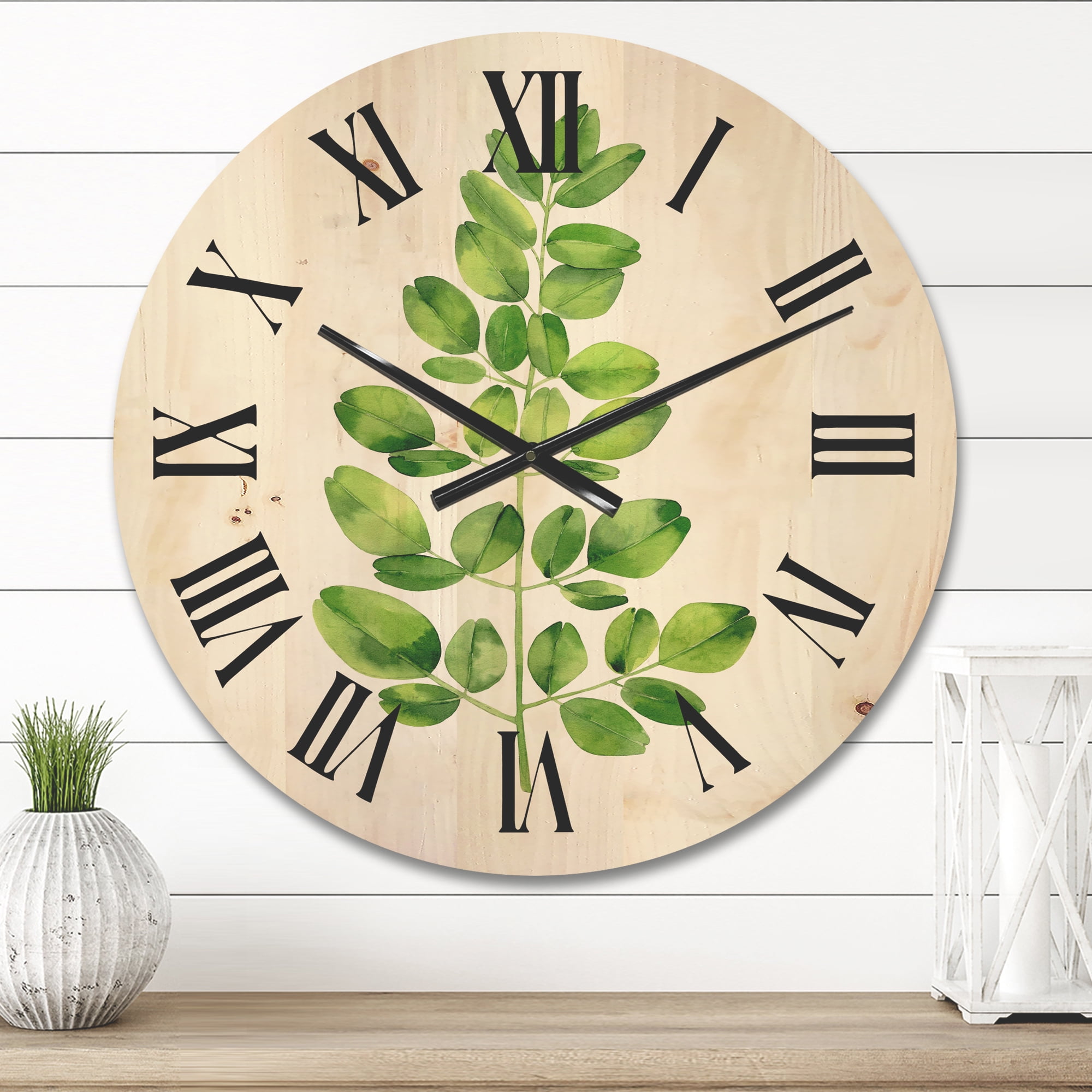 Designart 'Moringa Plant Branch Tropical Tree Foliage' Farmhouse Wood Wall Clock