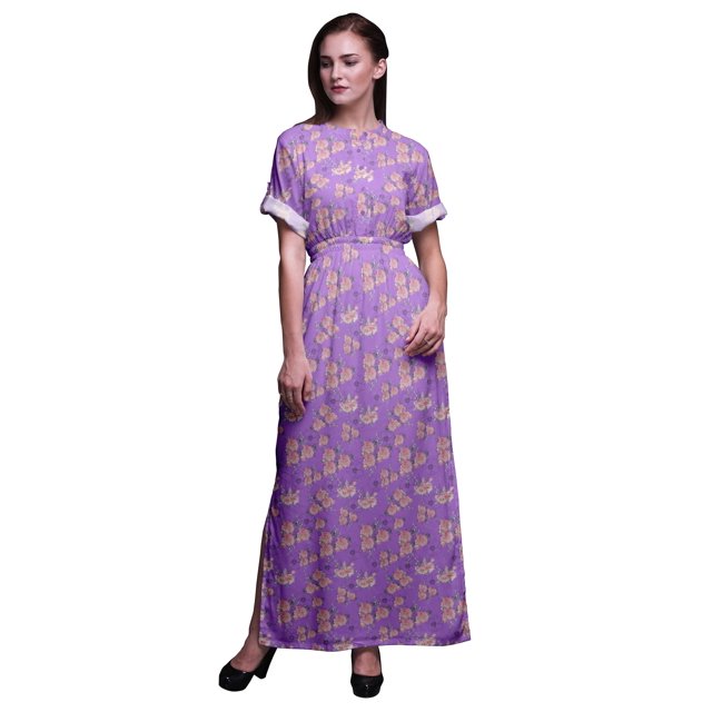 Bimba Rayon Leaves & Rose Floral Ladies Long Gown Boho Beach Cocktail Party Maxi SlitDress-Small