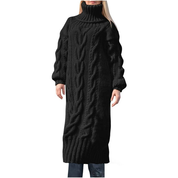 BangWanChi Black Dresses for Women Fashion Women Tight Solid Turn-down Collar Long Sleeve Single Long Sweater Dress