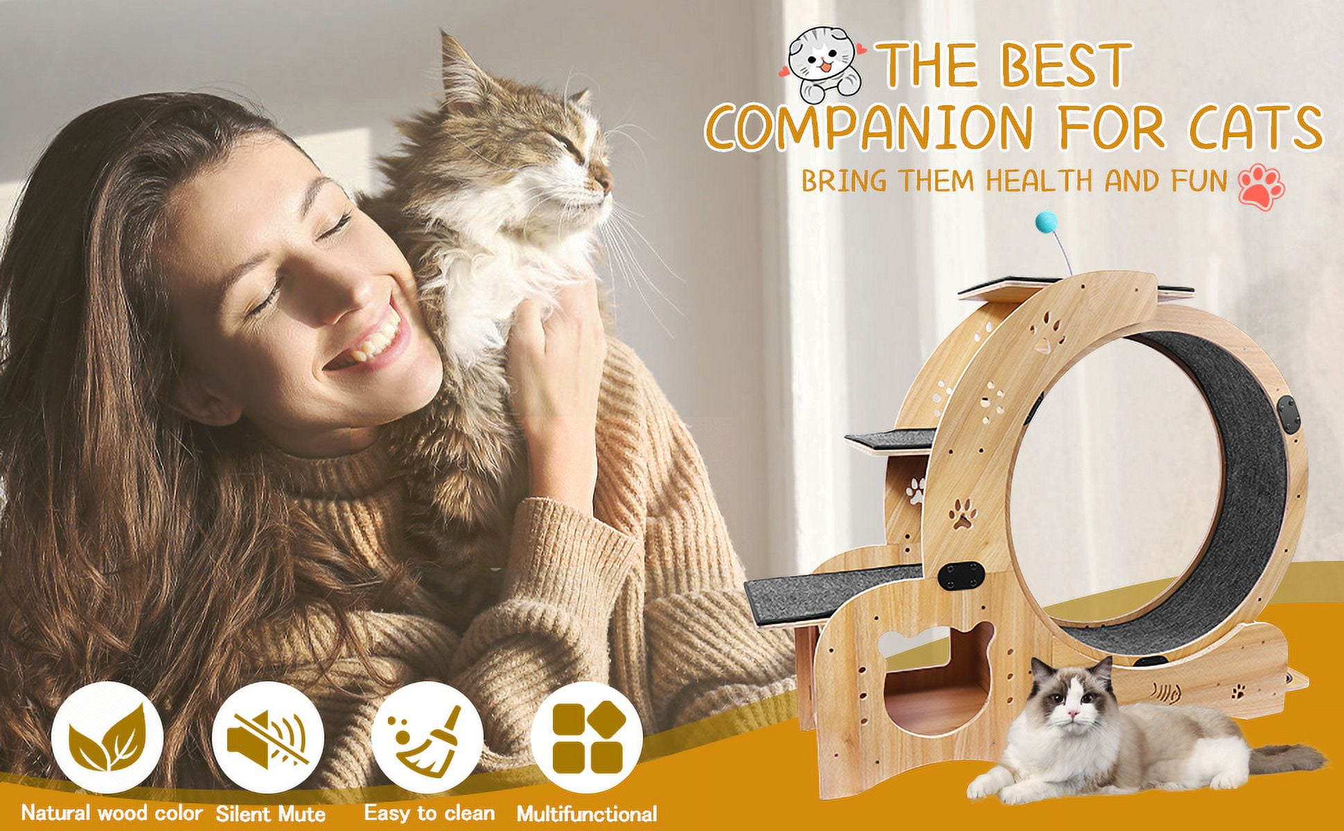 6-in-1 Cat Exercise Wheel – Silent Running Wheel for Indoor Cats, Large Treadmill & Play Toy