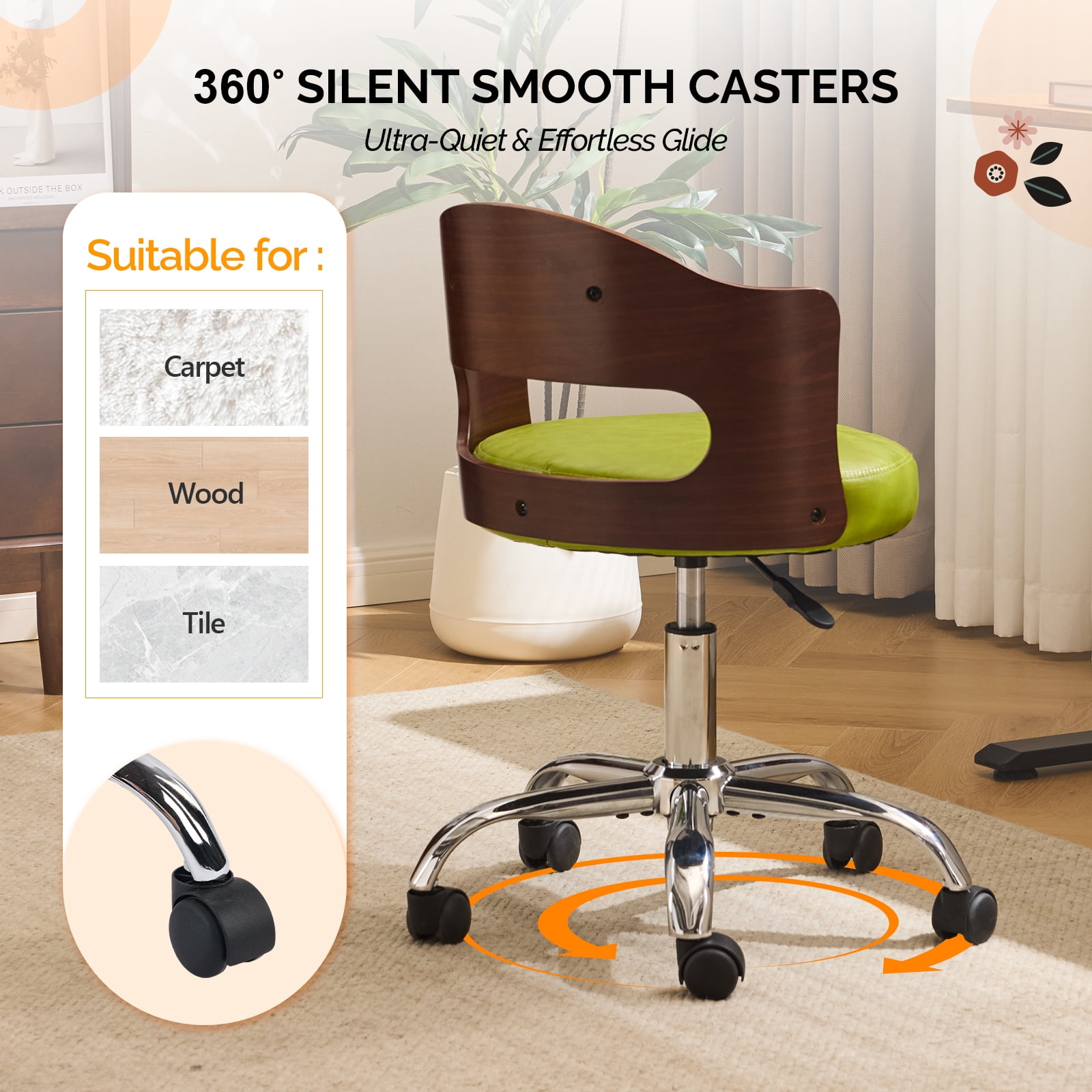 Ktaxon Office Computer Desk Chair with Rolling Wheels, Vanity Stool with Faux Leather Seat, Adjustable Task Chair for Study Make-up Dressing Green