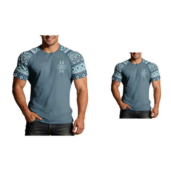 Men's Casual Summer Western Aztec Print Short Sleeve Tee, Lightweight Comfortable Raglan Top with Classic Cowboy Design