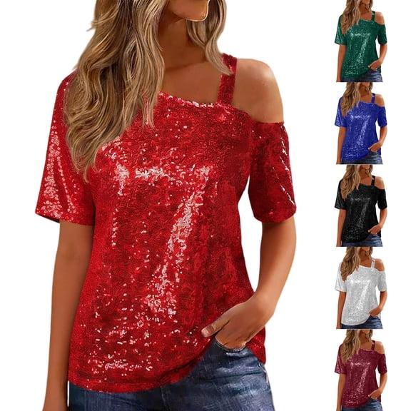 Miluxas Womens Sparkly Sequin Tops Short Sleeve Glitter Party Dressy Blouse Cold Shoulder Shirt Evening Club Outfit White XL(XL)