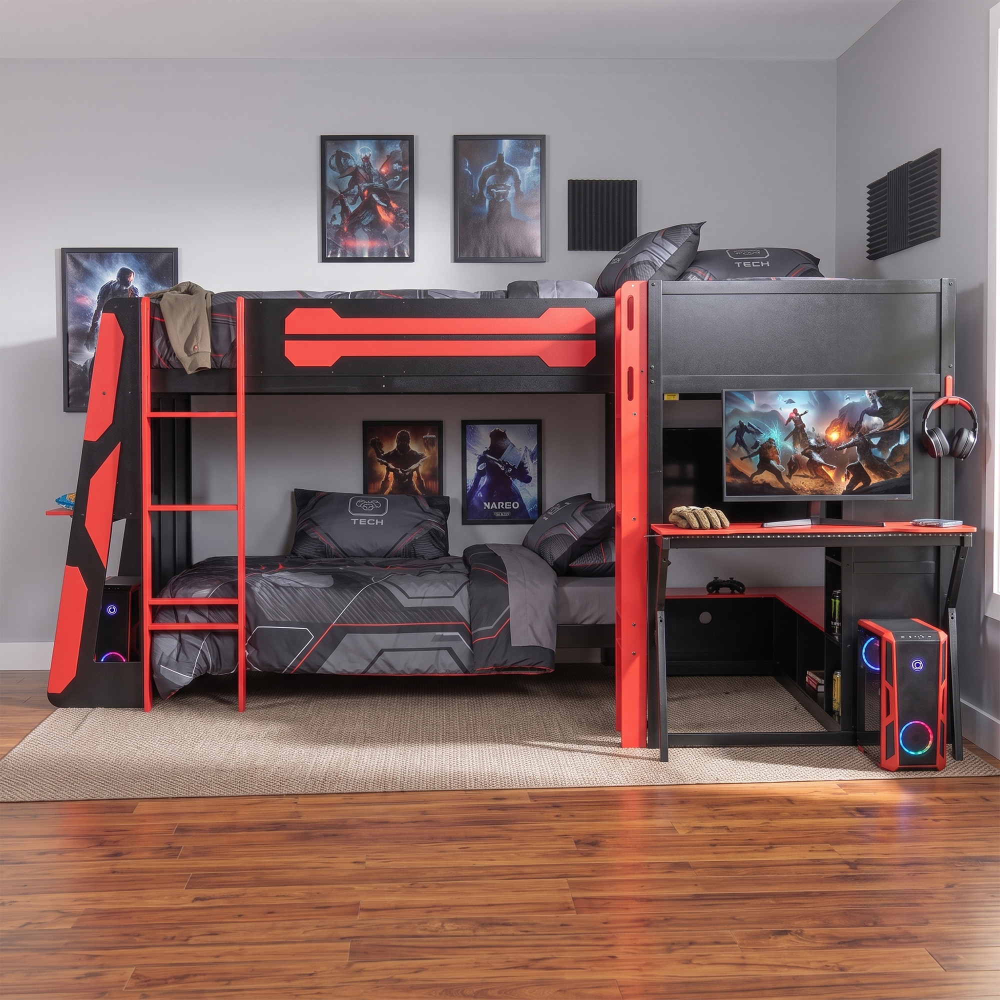Mintazer L-Shaped Triple Twin Gaming Bunk Bed with 2 Gaming Desks & RGB LED Lights, Triple Bed Frame with USB Charging, TV Stand & Storage Shelves for Bedroom, Black & Purple