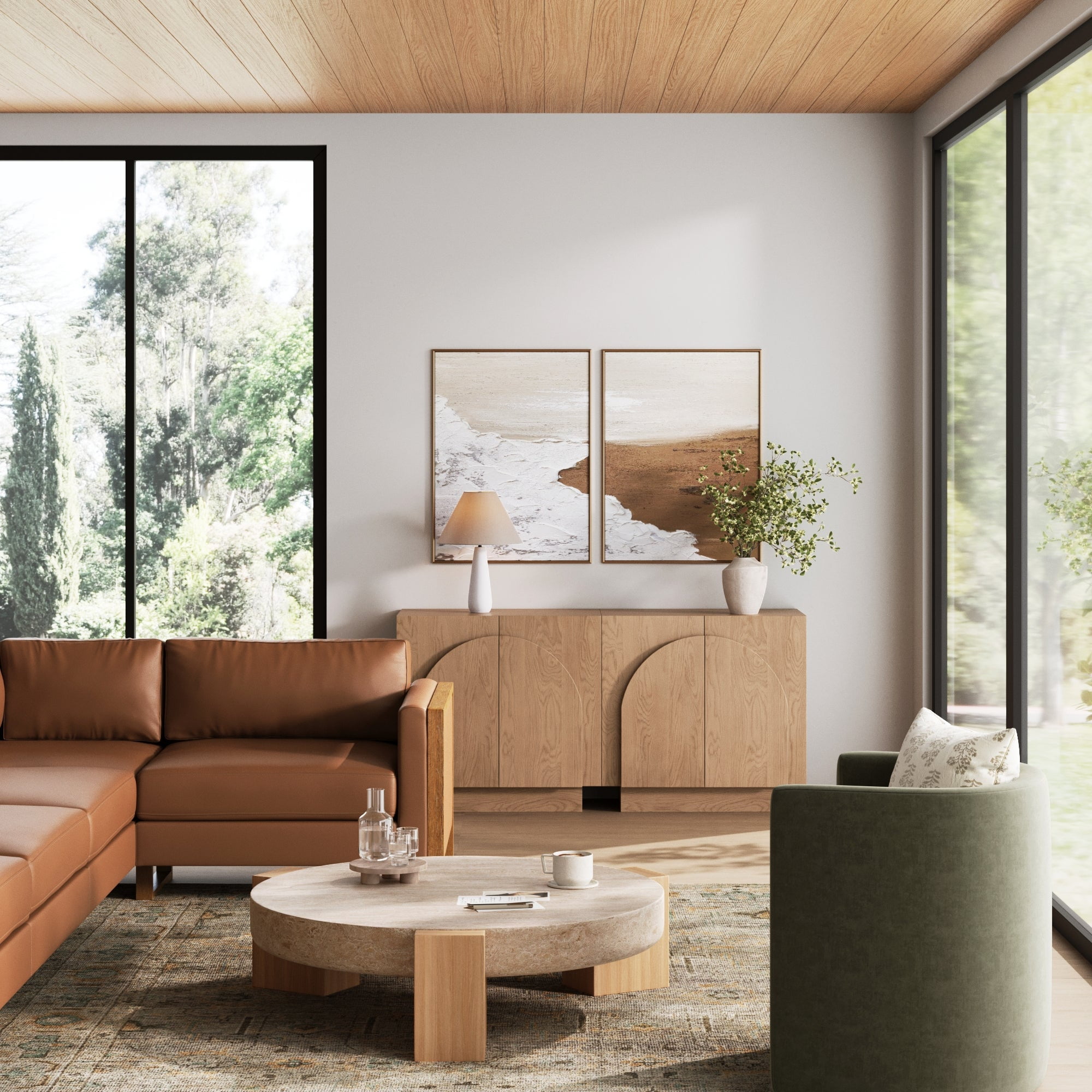 Nathan James Iris Mid-Century Modern Credenza, Brown Sideboard Buffet, Living Room Wood Storage Cabinet with Arched Cabinet Doors, Raw Oak