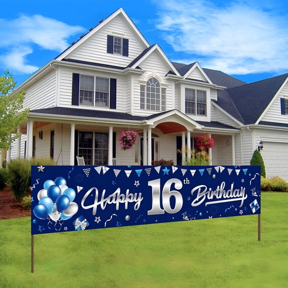 CCOCC Blue Silver 16Th Birthday Banner Decorations, Happy 16Th Birthday Yard Banner Sign for Boys, Sweet 16 Year Old Birthday Background Décor for Indoor Outdoor