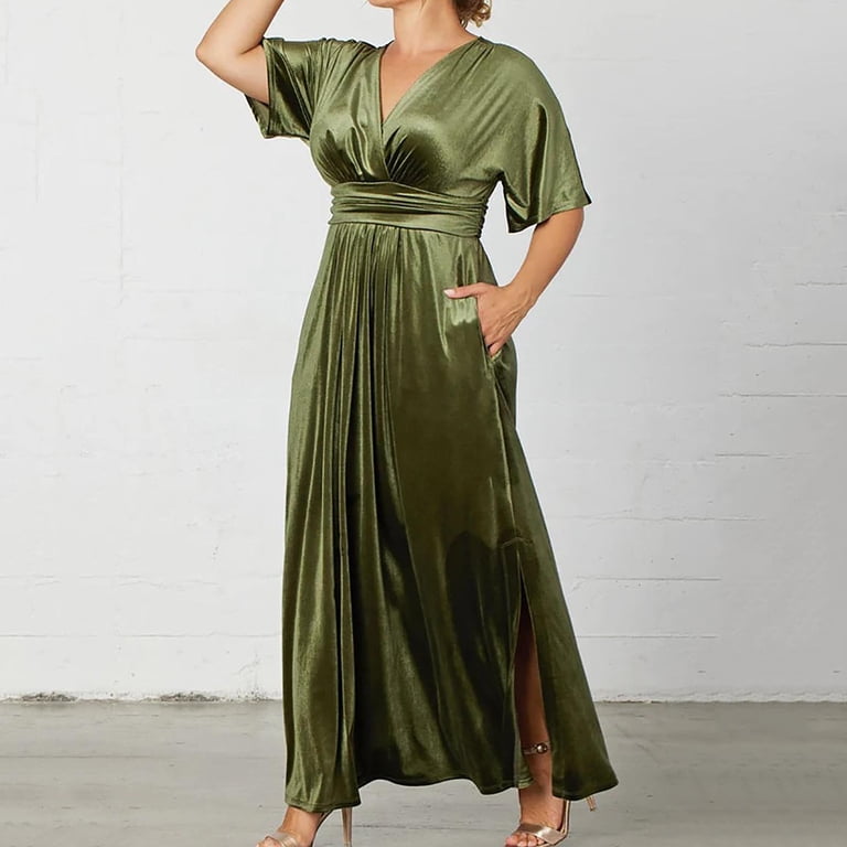 chinese dress ladies BerryGo Women's Plus Size Velvet Formal Dress High Waisted Maternity Maxi  Dress Short Sleeve V Neck Slit Dress for Wedding Guest(1XL Black) at Amazon  Women's Clothing store
