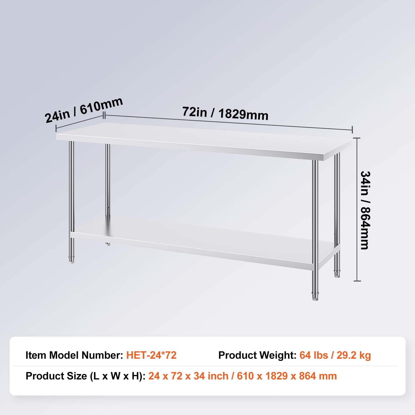 KFFKFF Metal Preparation Table, Dimensions 24 x 72 x 34 Inches, Supports Up to 880 lbs, Durable Stainless Steel Construction, Features 3 Height Settings, Ideal for and Outdoor Areas