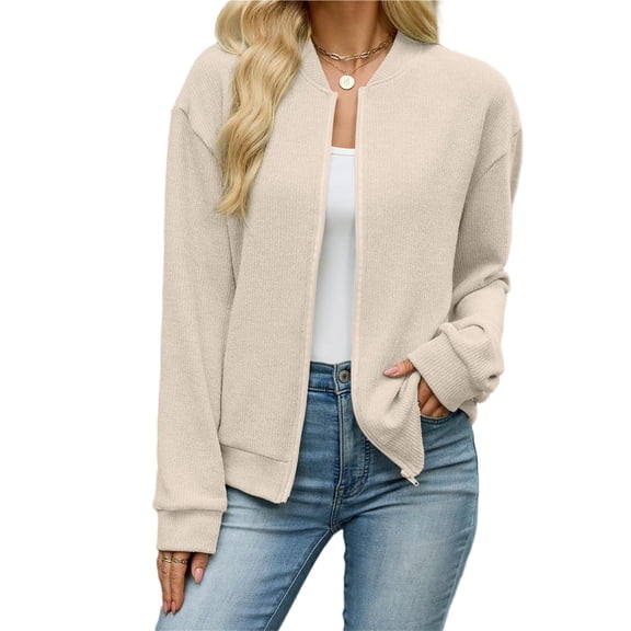 Wevis Women's Zip Up Fall Jacket, Long Sleeve Ribbed Knit Autumn Cardigan, Casual Loose Lightweight Sweater Coat