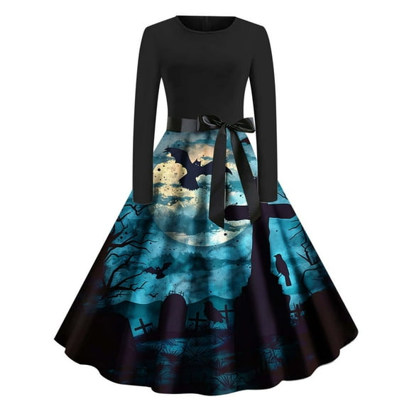 Mingw Long Sleeve Halloween Graphic Dresses for Women Funny Costume Festival Maxi Dresses