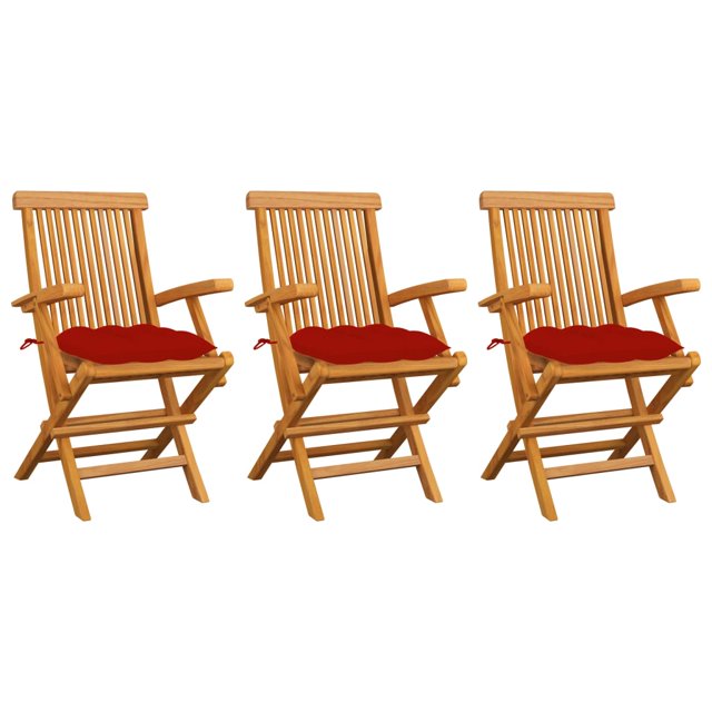 vidaXL Chaises de Jardin avec Coussins Rouges 3 Pcs Bois de Teck Massif