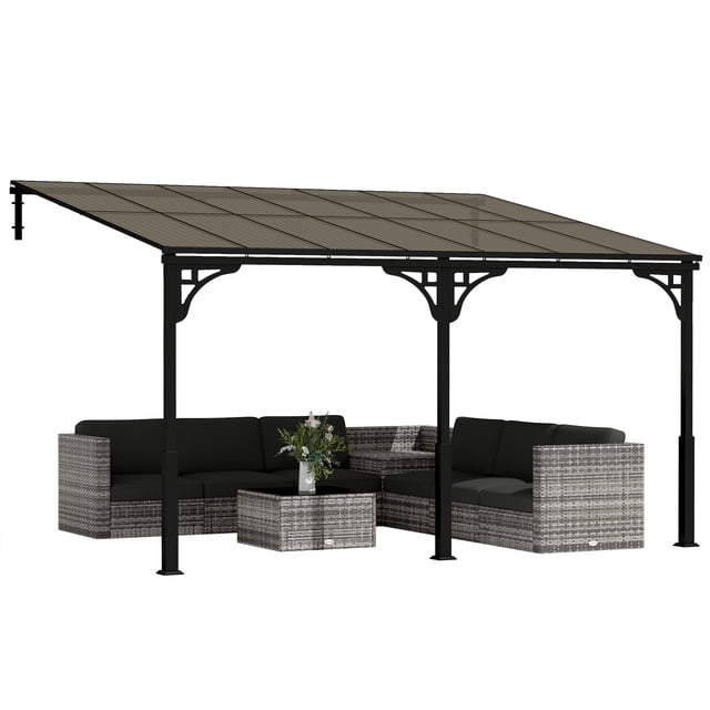 Outsunny Pavillon Adossé 13 Pieds x 10 Pieds, Pergola Extérieure à Toit Rigide Fixée au Mur