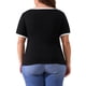 thumbnail image 3 of Camiseta de mujer de talla grande, cuello cuadrado, de manga corta, camiseta de punto acanalado, bloque de color, ajuste ceñido, básica, talla 3X, negra, 3 of 5