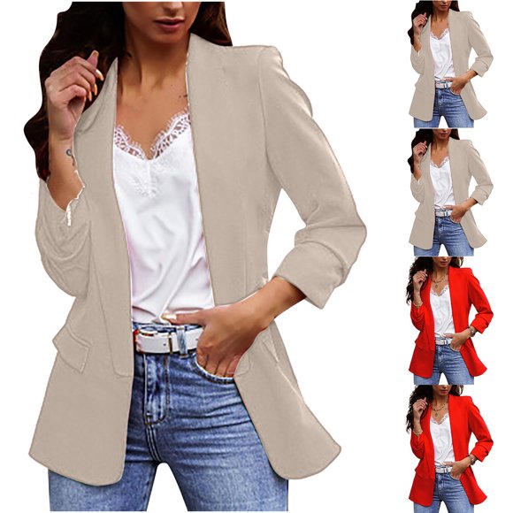 QIPOPIQ Womens Casual Blazer 2025 Fall Fashion Long Sleeve Open Front Work Office Suit Jackets Clearance