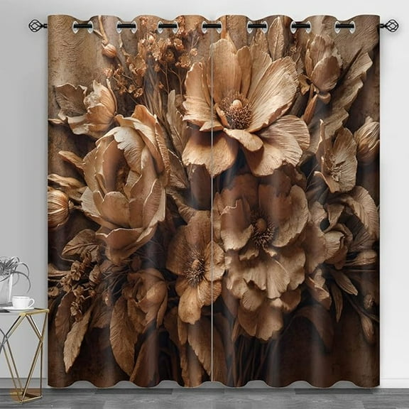 Wooden Peony Grommet Curtains, 3D Relief Floral Blackout Curtains For Bedroom, Soundproof Shades For Living Room, Chinese Classic Window Drapes, Peony Home Decor 53"W x 84"L (Pack of 2)