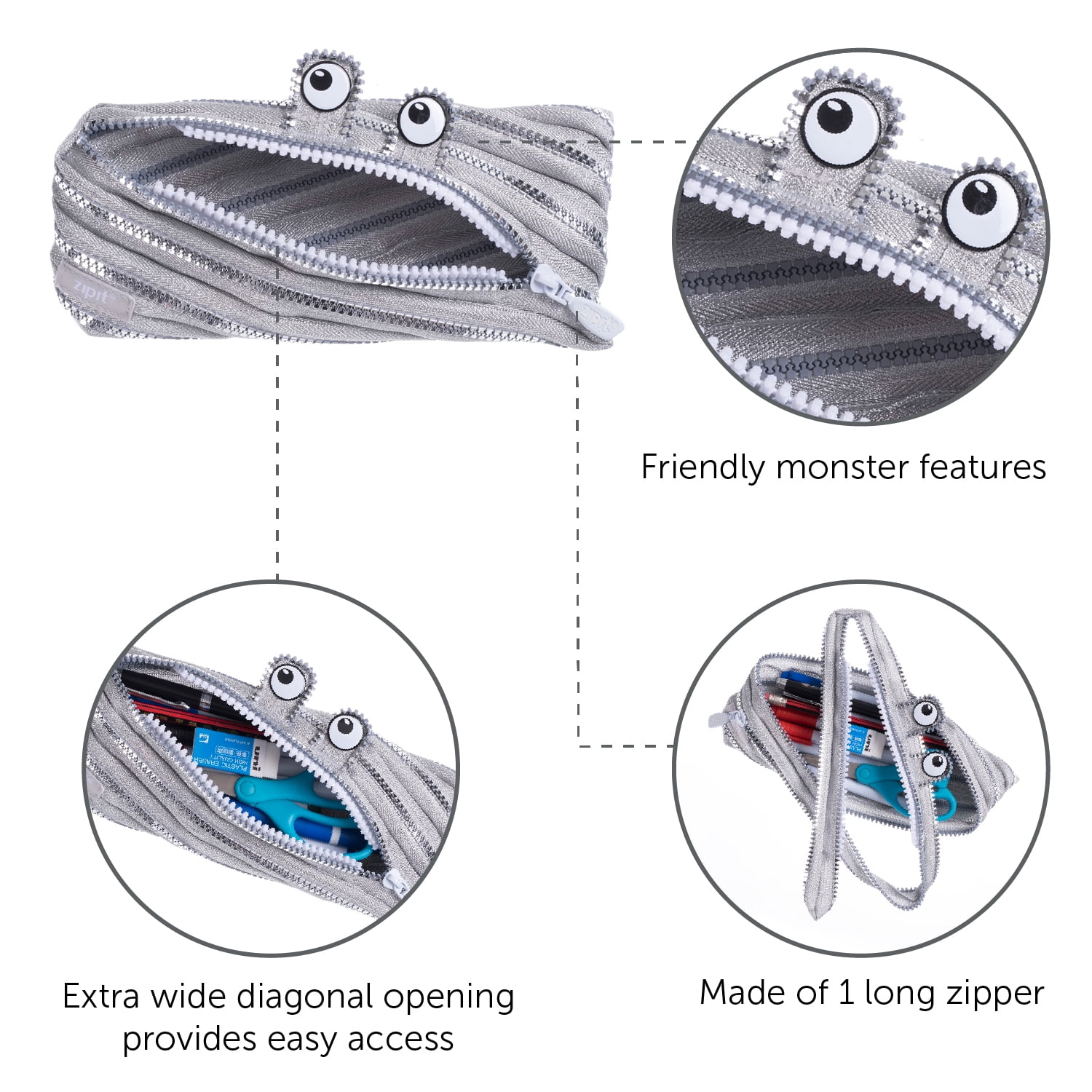 ZIPIT Monster Pencil Case for Kids, Large Capacity Cute Pencil Pouch, Holds up to 30 Pens, Made of One Long Zipper (Silver)
