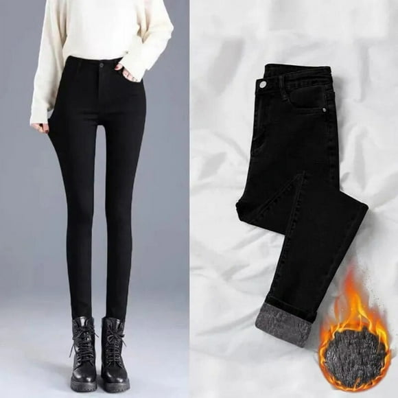 Skinny Warm Jeans Women Velvet Ankle Length Casual Thick Pencil Pants Basic Fleece Denim Trousers - thick black / 25