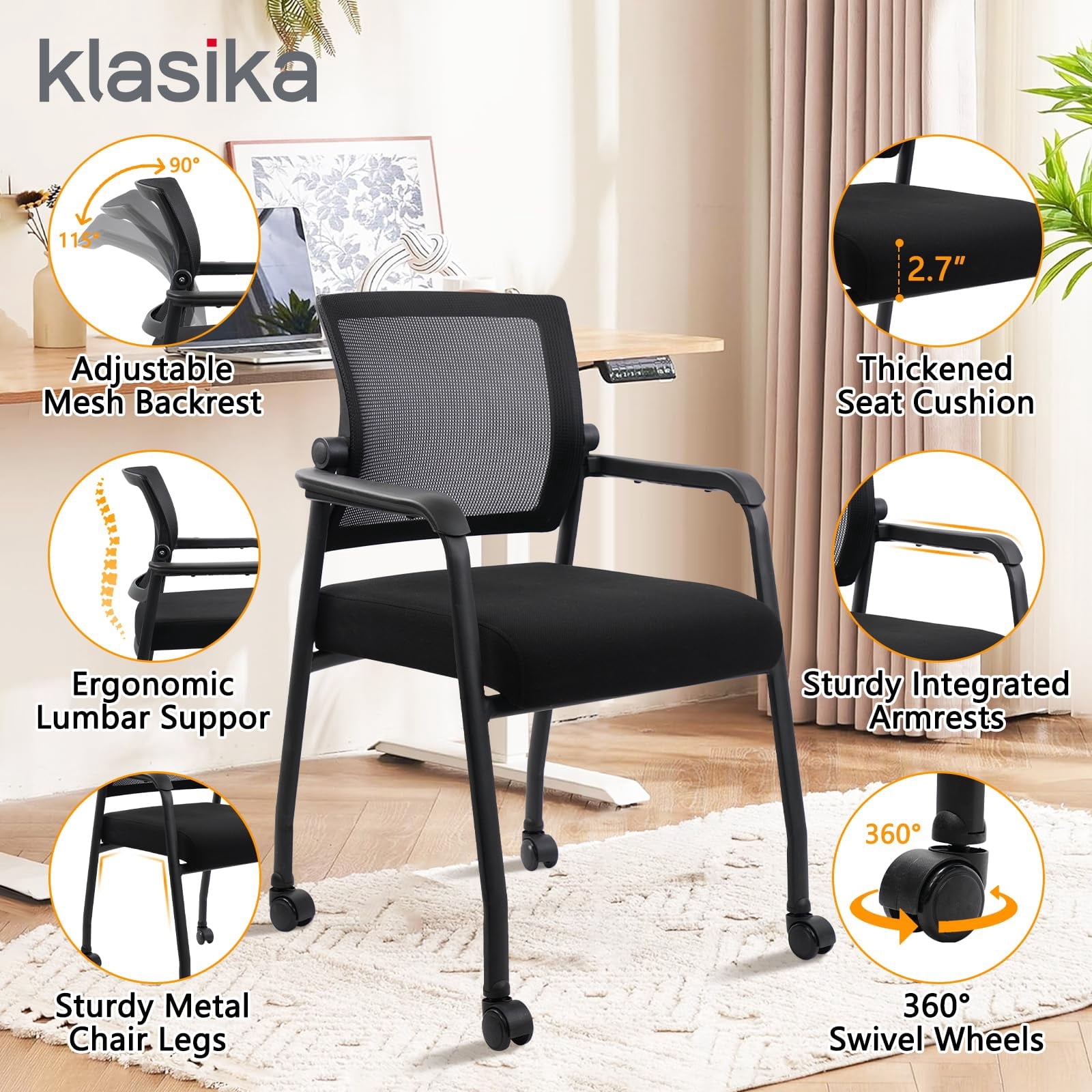 KLASIKA Waiting Room Chairs with Wheels, Adjustable Mesh Backrest, Desk Chair with Ergonomic Lumbar Support and Thickened Seats Cushion, 4 Pack Black