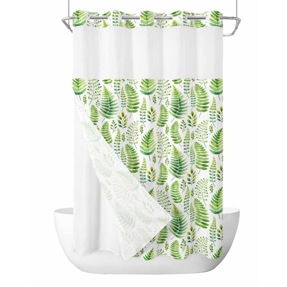 No Hook Shower Curtain with Snap-in Liner, Spring Leaves Waterproof Fabric Bathroom Curtains, Pastoral Garden Botanical Watercolor Bath Curtains & Mesh Top Window Stand Up Stall 36"x72"