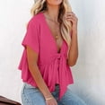 thumbnail image 3 of Mittory Women's Short Sleeve V Neck Blouses Ruffle Hem Tie Front Crop Tops Lightweight Basic Summer Tops, 3 of 7