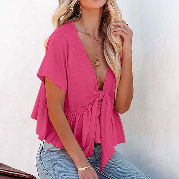 YHAJDS Women's V Neck Tops Color Detail Ruffle Hem Loose Short Sleeve Blouse